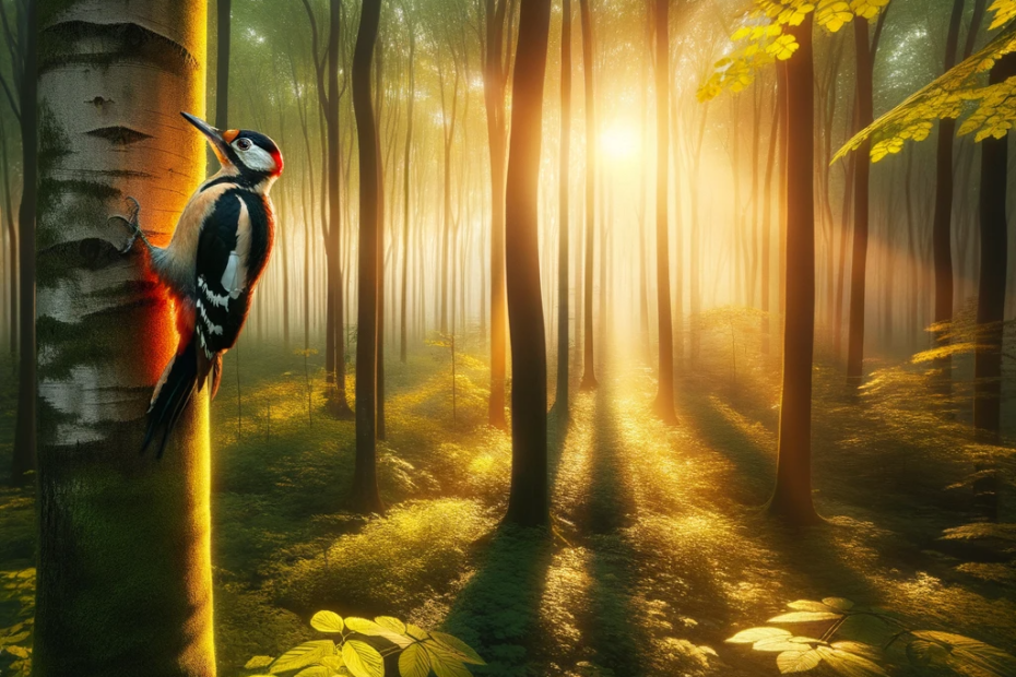 Woodpecker perched on a tree during dawn in a sunlit forest.