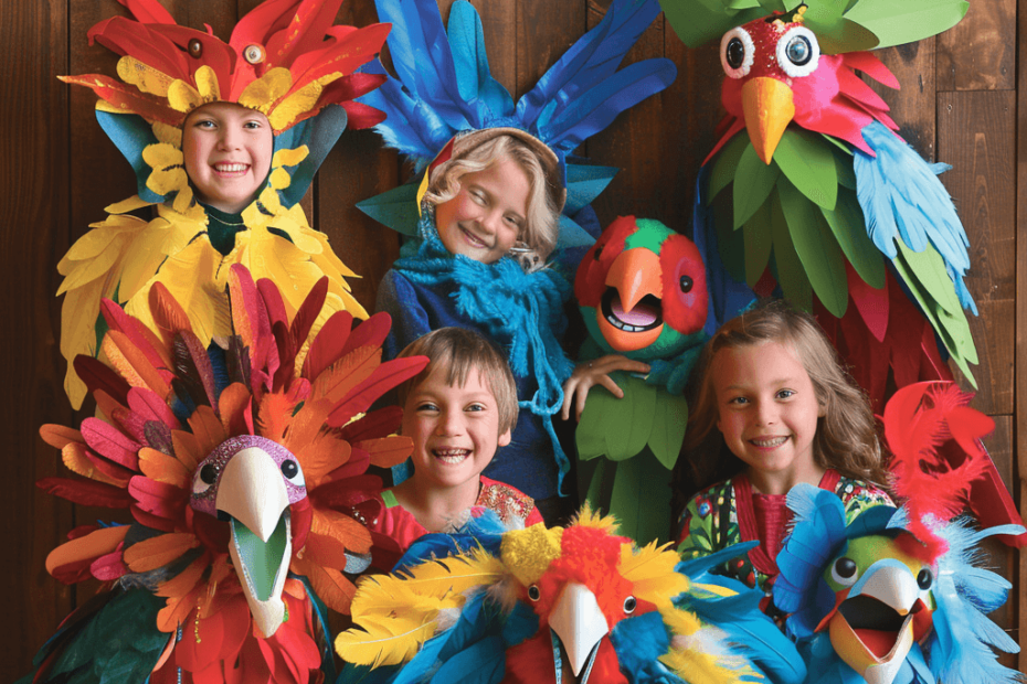 Children wearing DIY bird costumes, including parrots, eagles, and owls, showcasing creative dress-up ideas.