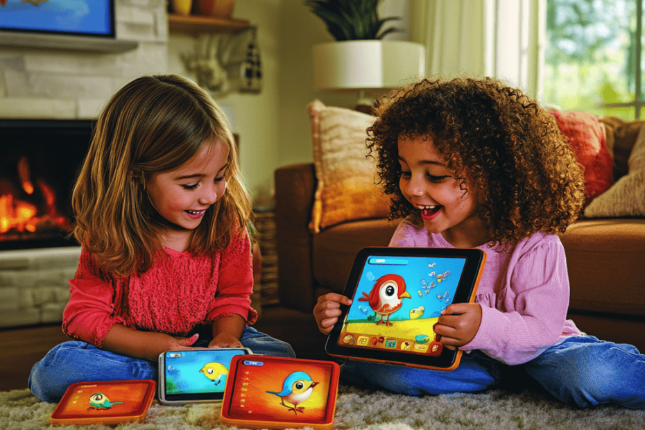 Children using tablets and smartphones to explore bird-themed educational apps and games in a cozy indoor setting.