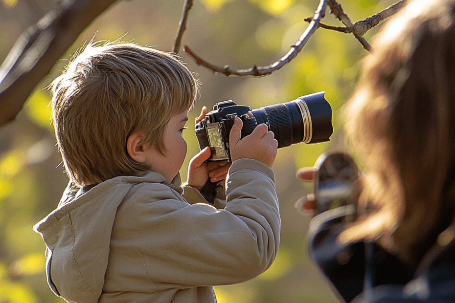 Child learning bird photography under adult supervision in a natural setting.