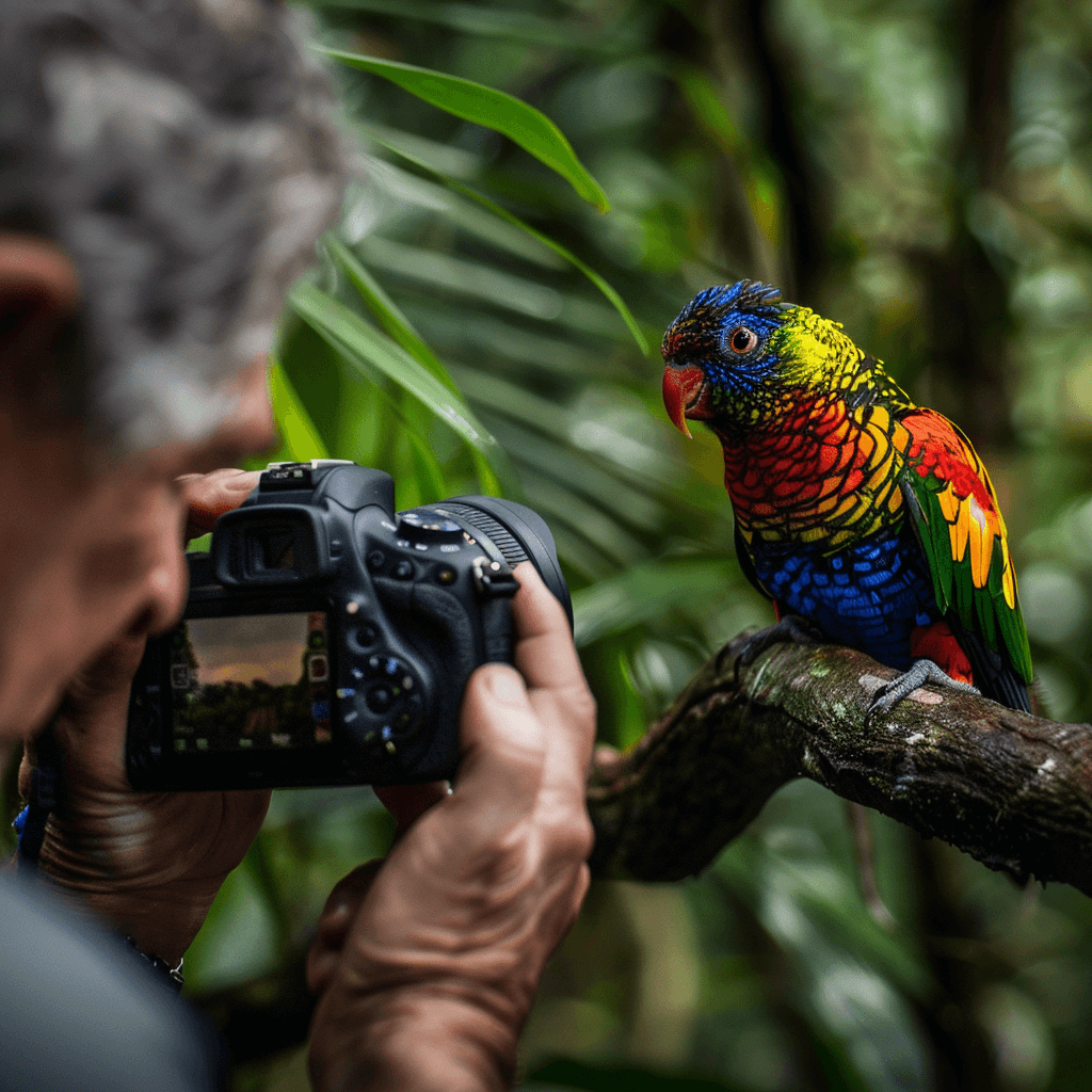 Photographer capturing a vibrant bird on a branch in a dense forest with soft natural lighting.