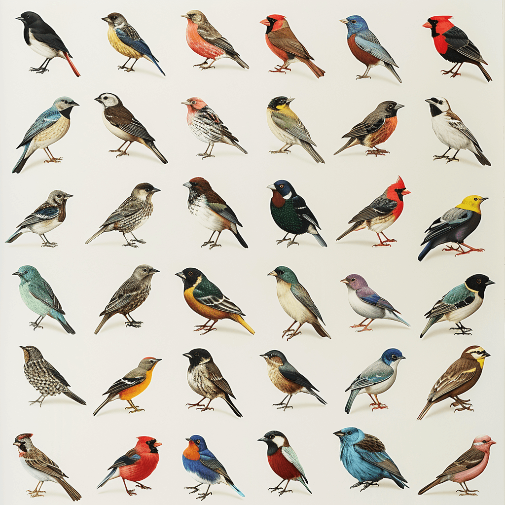 Grid of bird species with names, showcasing detailed feather patterns on a white background.