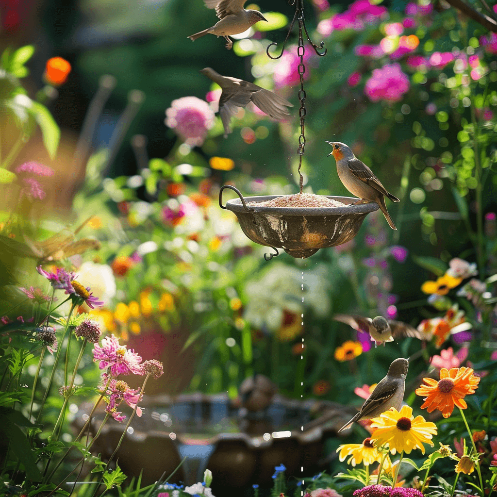 Backyard with bird feeders and colorful birds feeding and drinking from a birdbath.