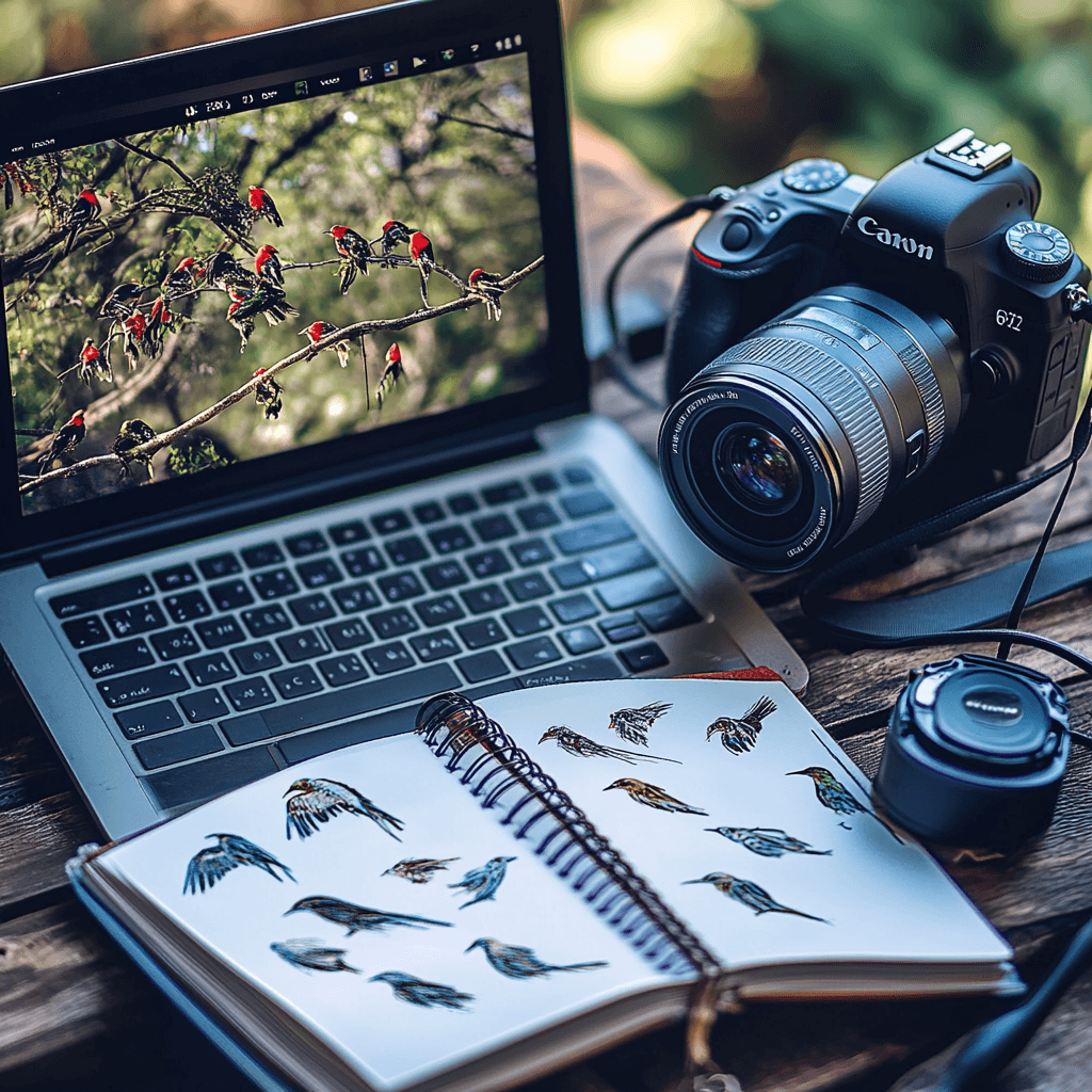 Laptop showing bird footage with headphones, camera, and sketches nearby.